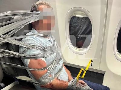 Agressieve passagier met ducttape vastgetapet aan stoel, vliegtuig maakt ongeplande tussenstop