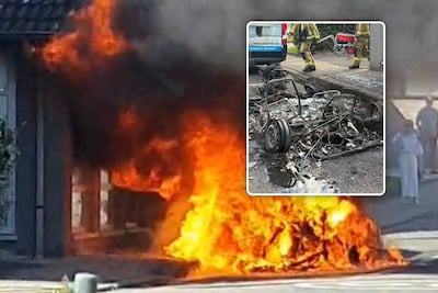 Beelden tonen hoe brandende brommobiel ontploft in centrum van Lauwe, ook notariswoning raakt zwaar beschadigd
